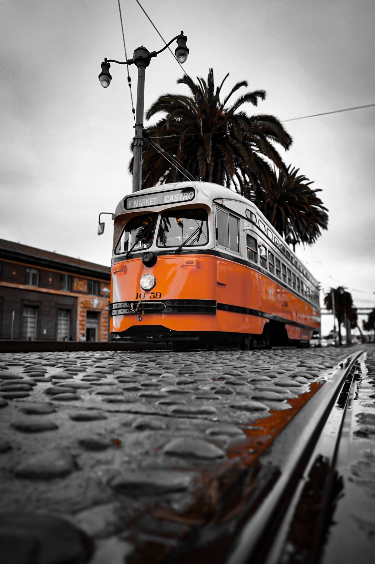 Orange F-line streetcar on wet cobblestones, the rest of the scene in black and white